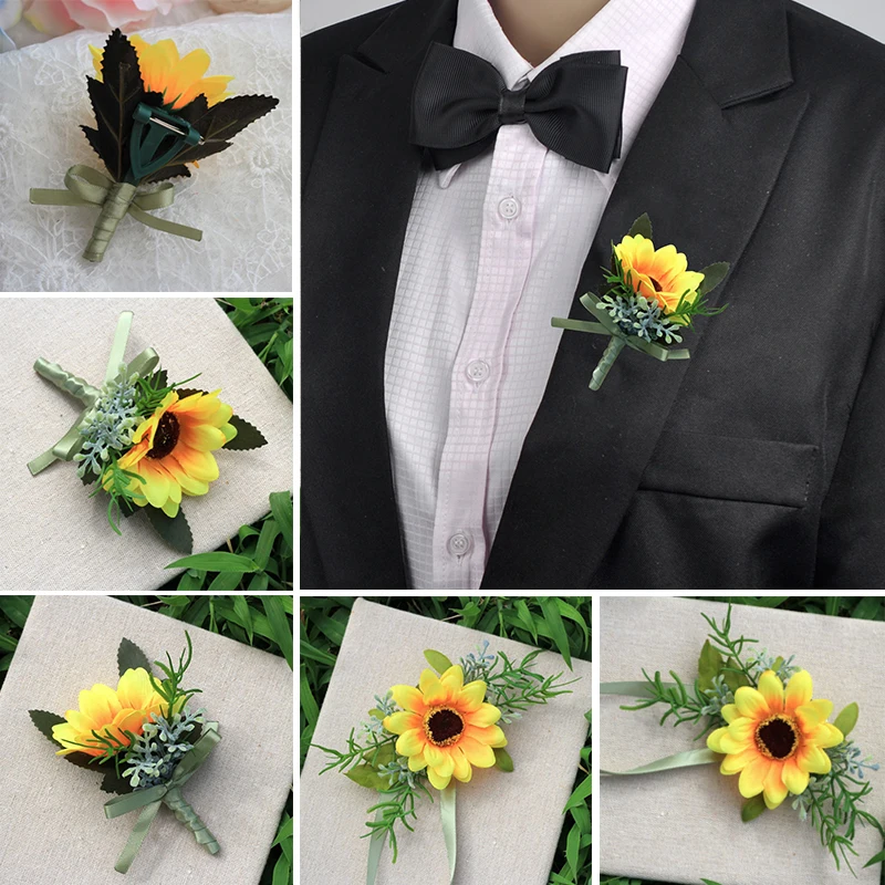 Male Wedding Prom Corsage Ceremony Sun Flower Yellow Brooch Pins