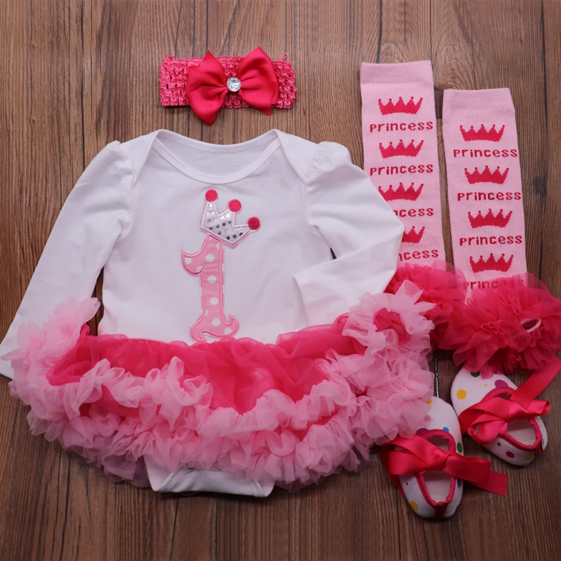 

Birthday Baby Girl Clothing Hot Pink 1st Crown Bodysuit Long Sleeve + socks + Headband + Shoes Party Festerval Clothes Set 0-2Y