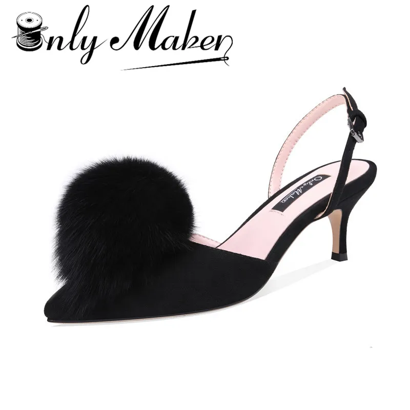 

onlymaker high heels 6cm Women's Pom Pom Fluffy Heels Slingback Pointed Toe Kitten Heels Pumps Ankle Strap Buckles Low Heel Dres