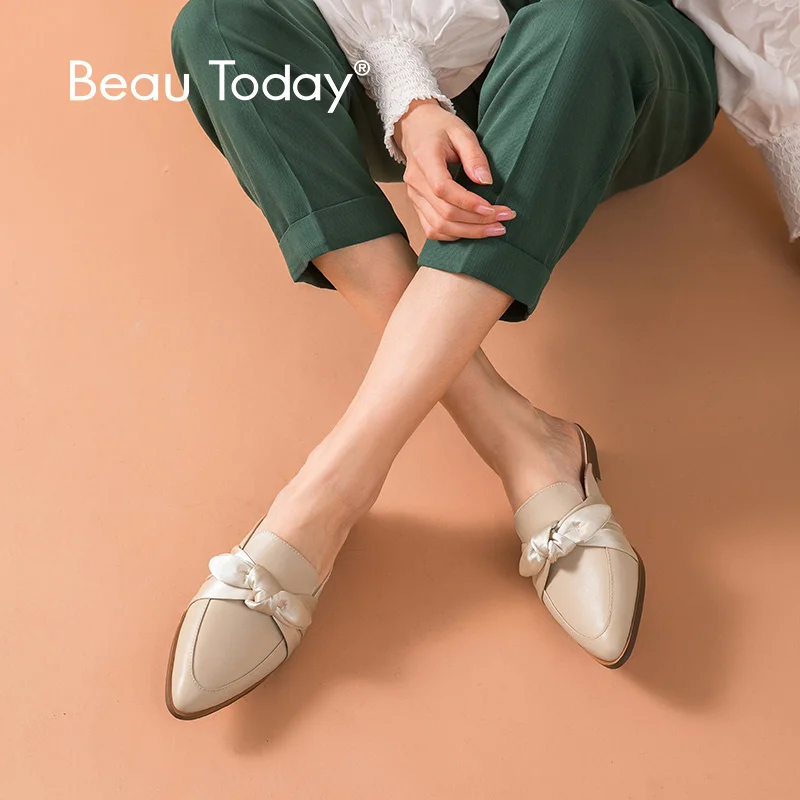 Женские мюли BeauToday из коровьей кожи с бантом на низком каблуке острым носком без