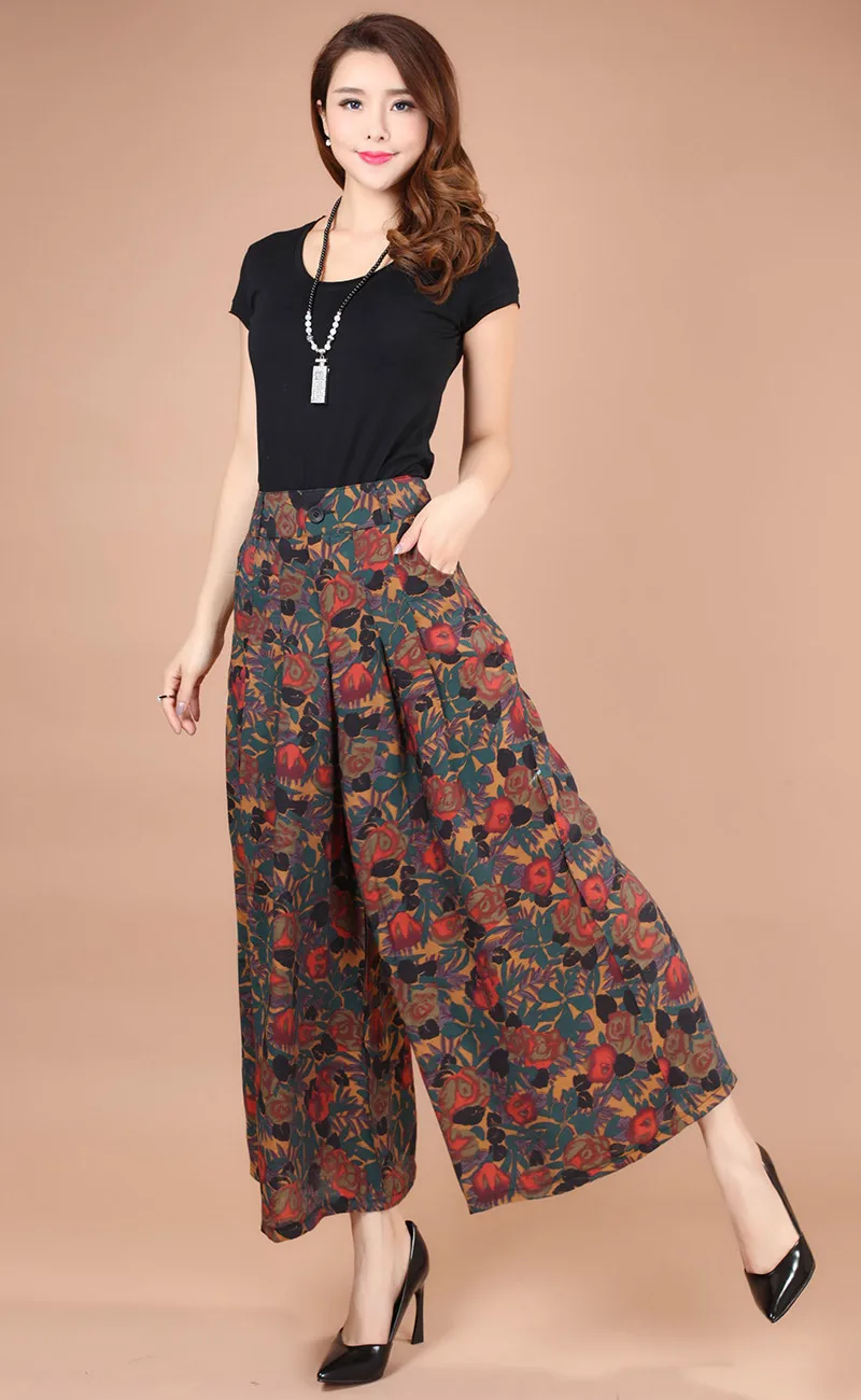 Плюс размер, летние женские свободные льняные брюки с цветочным рисунком, женская повседневная юбка, брюки, юбка-брюки - Цвет: 5