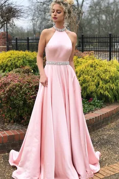 

Pink Prom Dresses 2019 Satin Beads Backless With Belt Sexy Prom Gown Plus Size Long Party Gown vestido fiesta