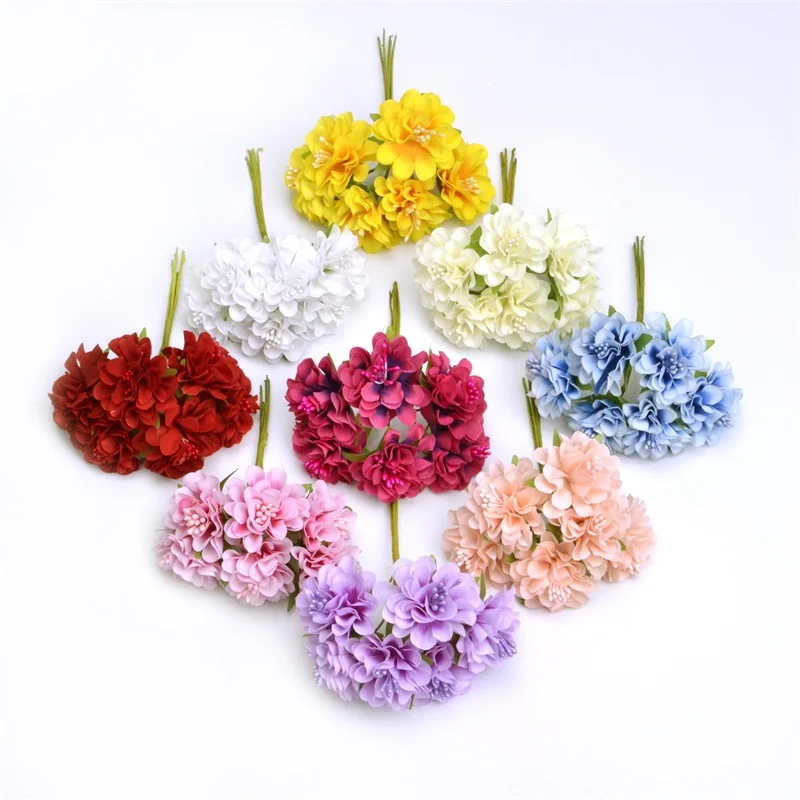 

6Pcs/lot Silk Artificial Flowers Mini Rose Bouquet Wedding Home Decoration Craft Card Gift DIY Wreath Scrapbooking High Quality