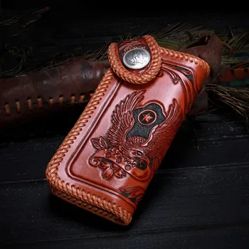 

Men Genuine Leather Wallets Carving Eagle Flower Bag knitting Purses Women Long Clutch Vegetable Tanned Leather Wallet Gift