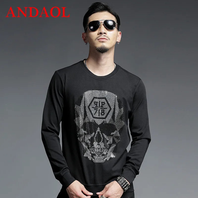 

ANDAOL Men's Hoodies Sweatshirts Harajuku Cotton Pullover Jacket Luxury Slim Print Skulls Style O-Neck Long-Sleeve Tracksuits