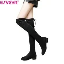 Женские стрейчевые ботфорты с завязками ESVEVA, дамские модные сапоги на среднем квадратном каблуке, есть размеры от 34 до 43