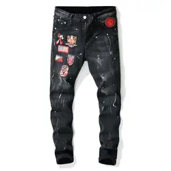 Newsosoo модные Для мужчин; окрашенные джинсы с нашивками Hi Street Печатный Лоскутная джинсовая брюки Эластичные штаны для мужчин Размеры 29- 38