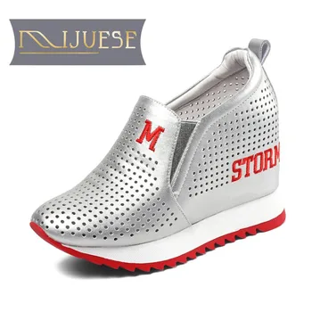 

MLJUESE 2018 women pumps cow leather white color increasing cutouts Breathable high heels platform pumps casual shoes