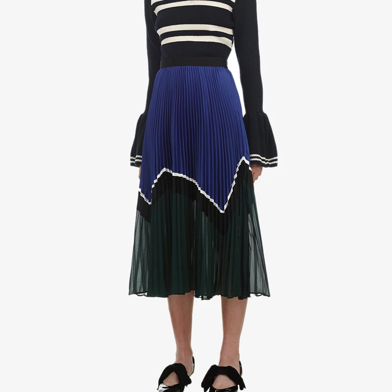 

Blue and Green Panelled Skirt highlight panels black grosgrain waistband midi skirt