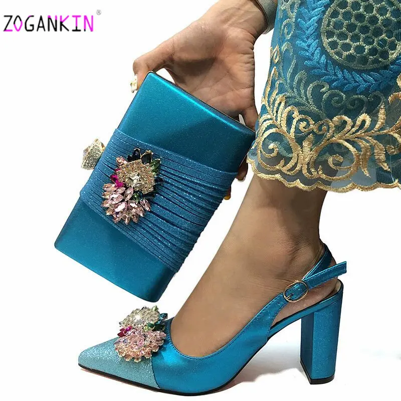 Модный пикантный комплект из босоножек и сумочки ярко-синего цвета, летние женские туфли на высоком каблуке с острым носком и сумочка в комплекте для вечеринки - Цвет: Sky Blue