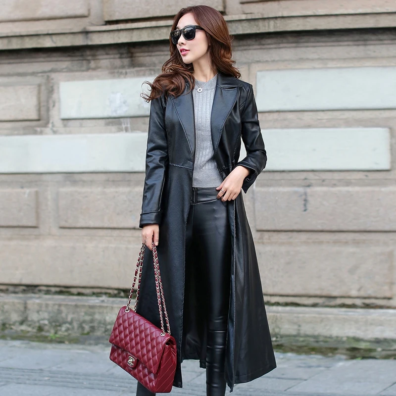 Ультра длинная мягкая кожаная куртка элегантный европейский стиль пальто известный бренд Женская ветровка модная трендовая парка GQ1300