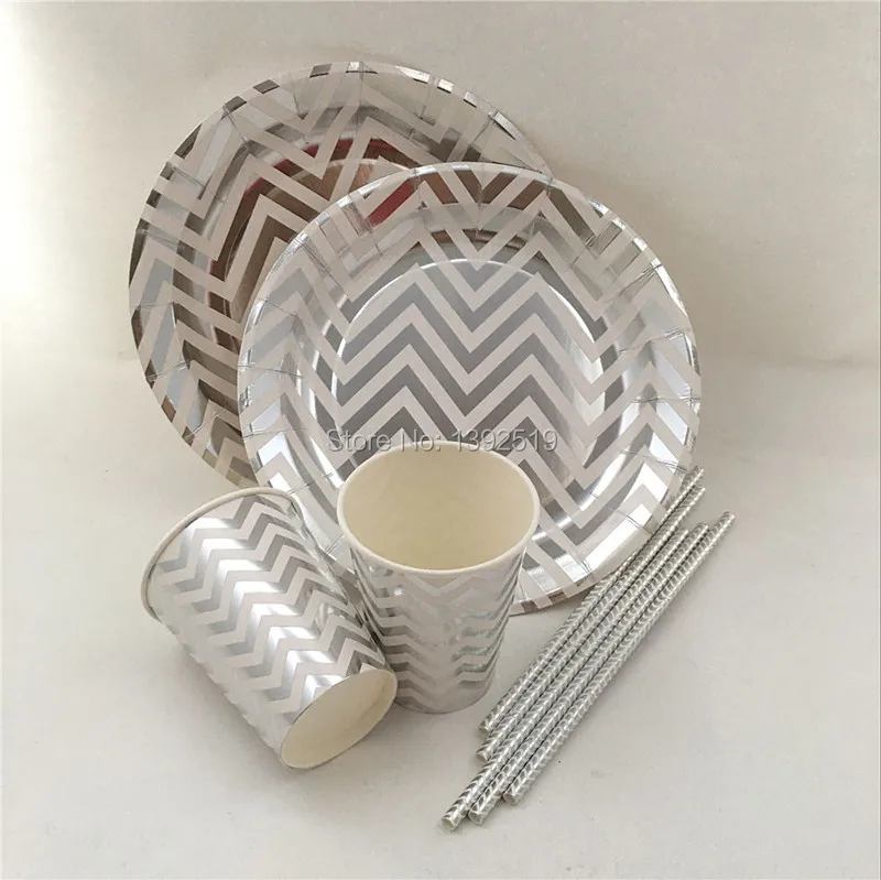 Free Shipping 7inch 9inch Wholesale Silver Chevron Paper Plates Cups