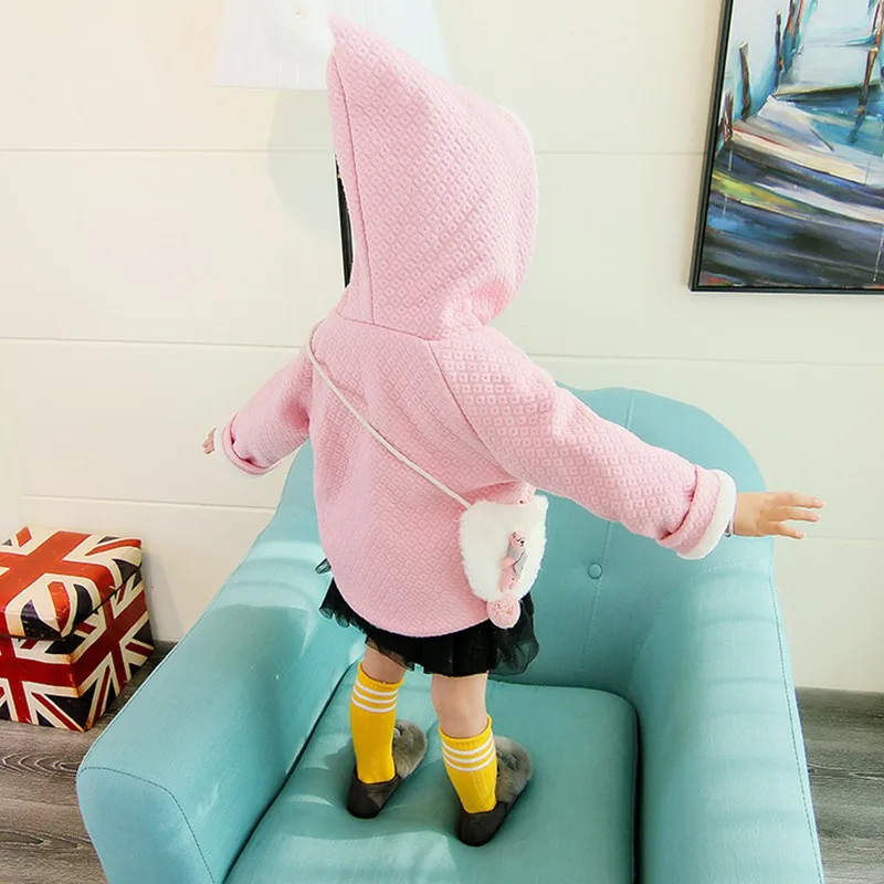 Baby girl Coat In Autumn and winter  Pure color dots Little bear bag Hooded jacket for Kids Children  (20)
