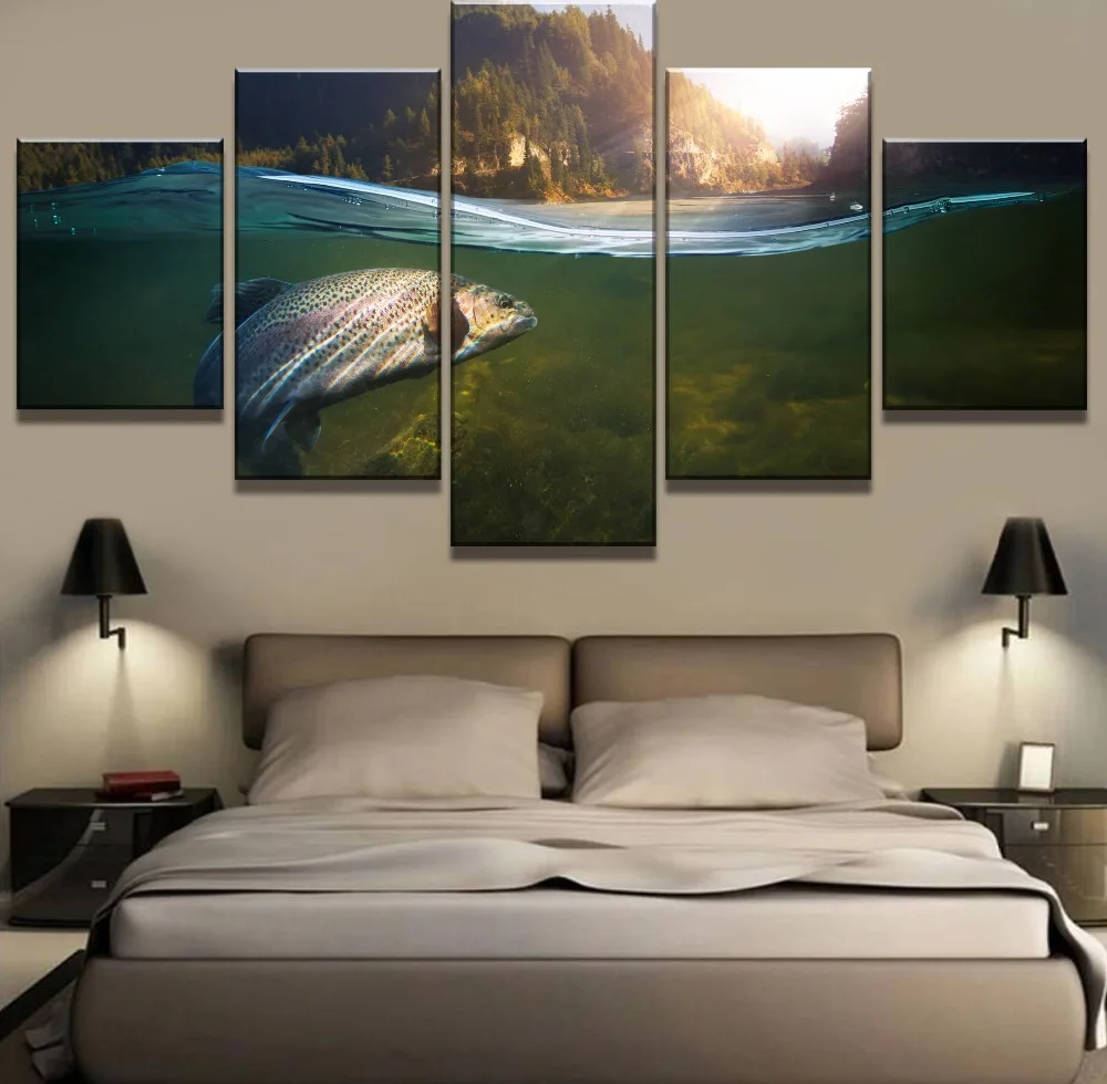 5 Piece Home Decor Capture Of Fish Cuadros Decoracion Landscape Canvas Wall Art Home Decor For ...
