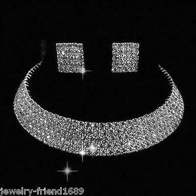 

Jewelry 5 Rows Wedding Bridal Party crystal Necklace Earring setAAA 18K GP Plated gold Bridal wide watch wings queen JEWE