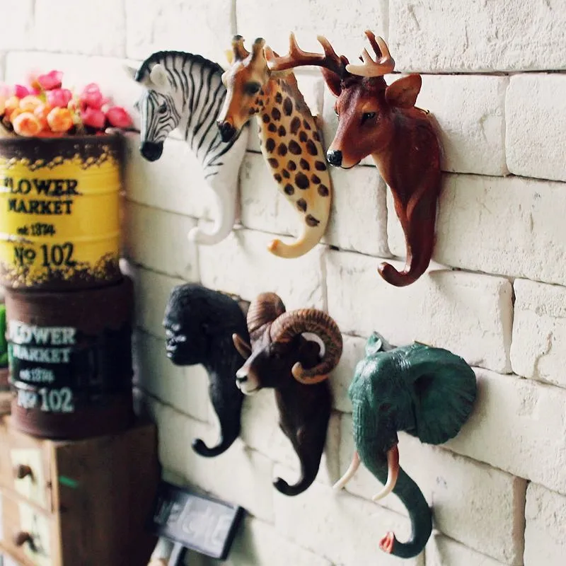 Animal Head Hook Clothes Robe Key Holder Hat Hanger Wall Decoration Deer Elephant Zebra Giraffe Designs Retro Wall Ornament  (4)