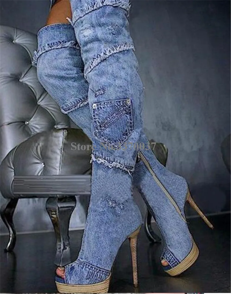 Женские пикантные модные ботинки-гладиаторы на танкетке с открытым носком из синей джинсовой ткани высокие модельные ботинки на очень высоком каблуке с вырезами из сетчатого кружева