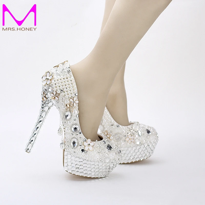 5 Inches Princess Crystal Wedding Shoes White Pearls Women Wedding Shoes Tassel Prom High Heesl Wedding Anniversary Party Shoes