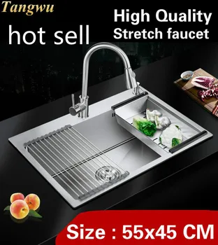 Best Free Shipping Home High Capacity Kitchen Manual Sink Single Trough Stretch Faucet Wash Vegetables 304 Stainless Steel 55x45 CM