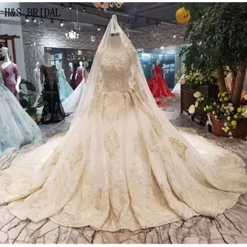 شراءH & S BRIDAL إمبراطورية كم طويل فساتين زفاف زائد حجم الذهب يزين فستان الزفاف Vestido De Novia Trouwjurk