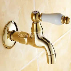 Luxury Gold Color Brass Ceramic Handle Extra Long Laundry Bathroom Wall Mounted Mop Water Tap Garden Faucet aav127