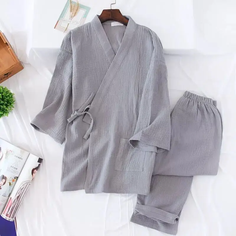 Новые летние мужские и женские хлопковые марлевые креповые пижамные комплекты ретро с v-образным вырезом Пижама кимоно парная пижама ночная домашняя одежда
