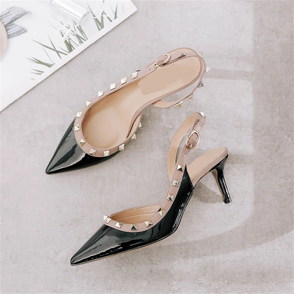 

2019 spring and summer fashion pointed toe real leather ladies sandals rivets thin high heel side wear women sandals