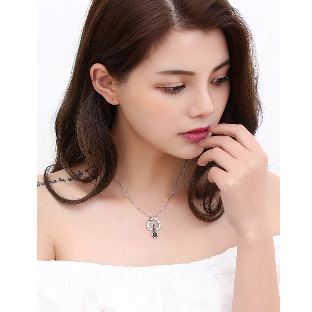 MagiDeal I Love You Memory Necklace Crystal Heart Pendant Nano Glass 100 Languages