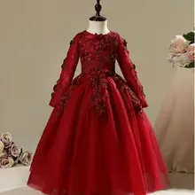 Элегантное красное Тюлевое платье с цветочной аппликацией для девочек на свадьбу, детское вечернее платье с длинными рукавами для выпускного вечера платья принцессы для первого причастия
