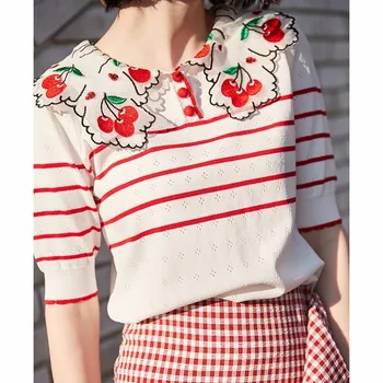 

Cherry embroidery striped t shirt women knitted tshirt half sleeve tops tee shirt femme summer top graphic tees 2019 new arrival