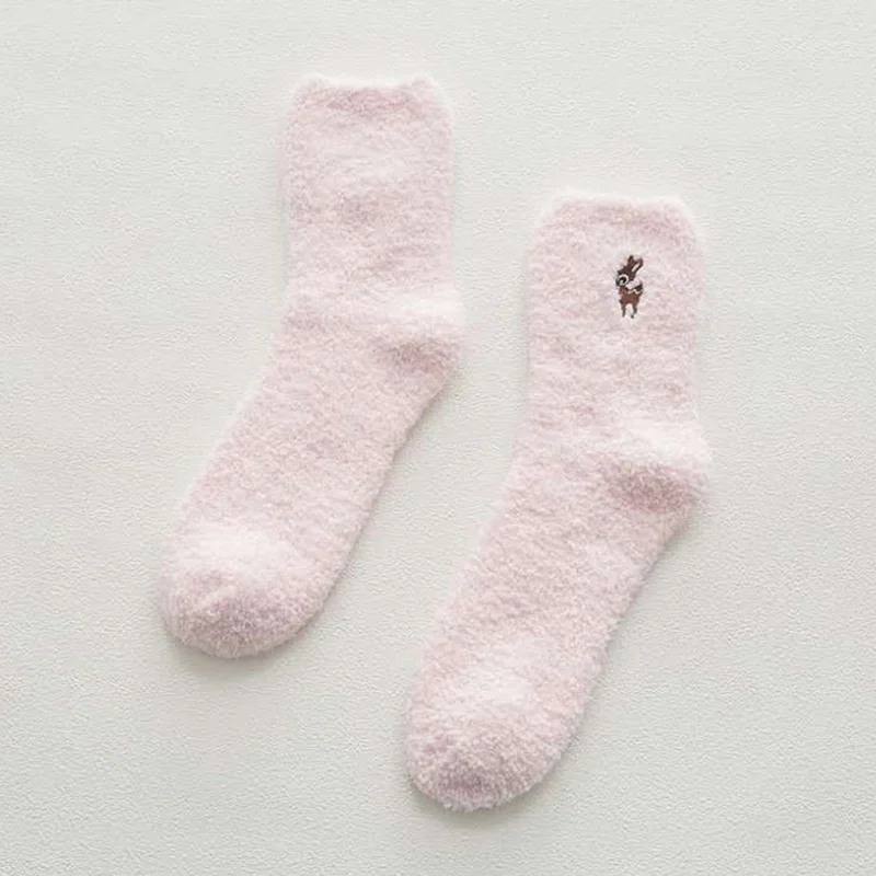 1 пара утолщенных женских носков с вышитыми оленями и кошками милые плюшевые теплые носки для сна для девушек и женщин зимние мягкие носки - Цвет: Pink bear