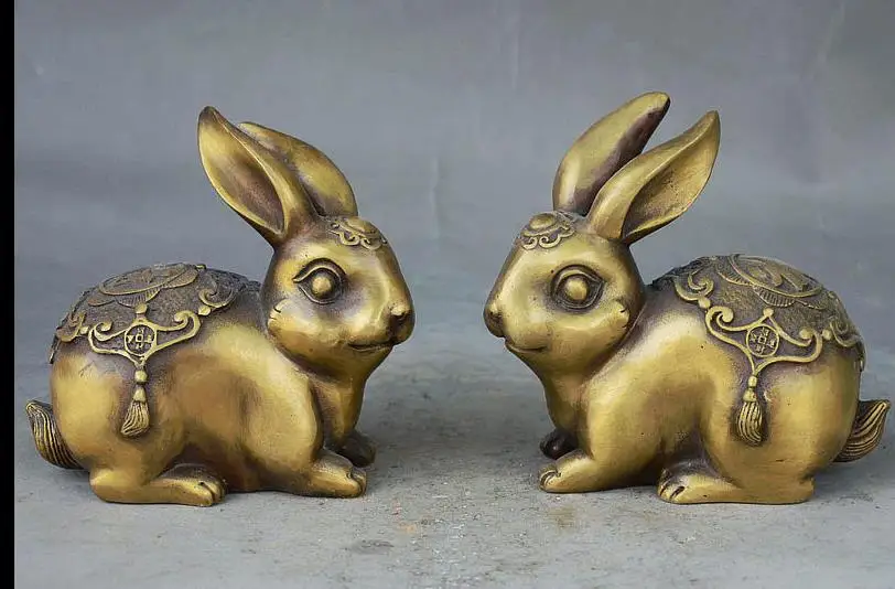 

2776<+Folk Chinese FengShui Bronze Wealth Money Cion Zodiac Year Rabbit Statue Pair