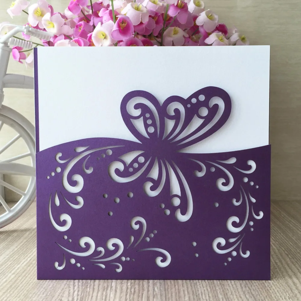 

25pcs deep purple romantic wedding invitation cards laser cut butterfly design pocket birthday party girl birthday greeting crad
