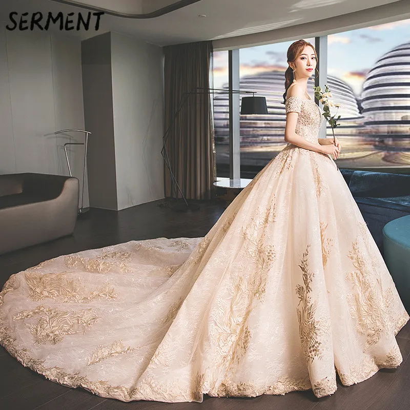 

30% Discount 2019 New Wedding Lace Tail Long Sleeve Aristocratic Elegant Bride Print Explosion Wedding Dress
