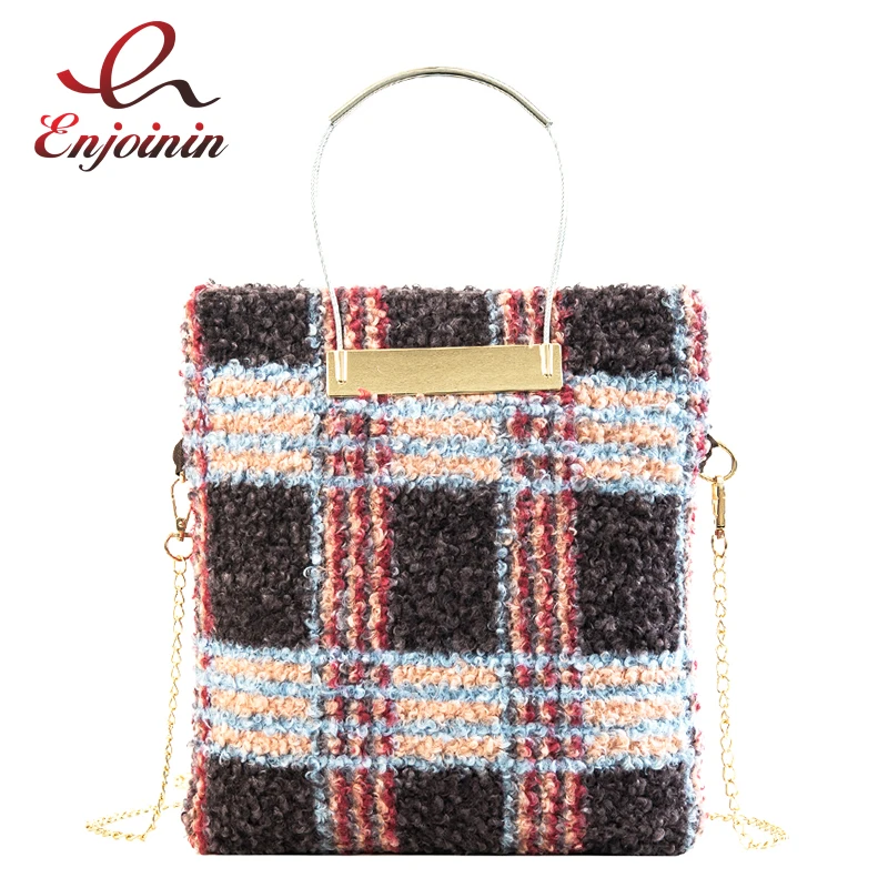 

Good Quality Fashion Plaid Woolen Metal Handle Casual Women Handbag Shoulder Bag Crossbody Messenger Bag Female Bolsa Tote Bag