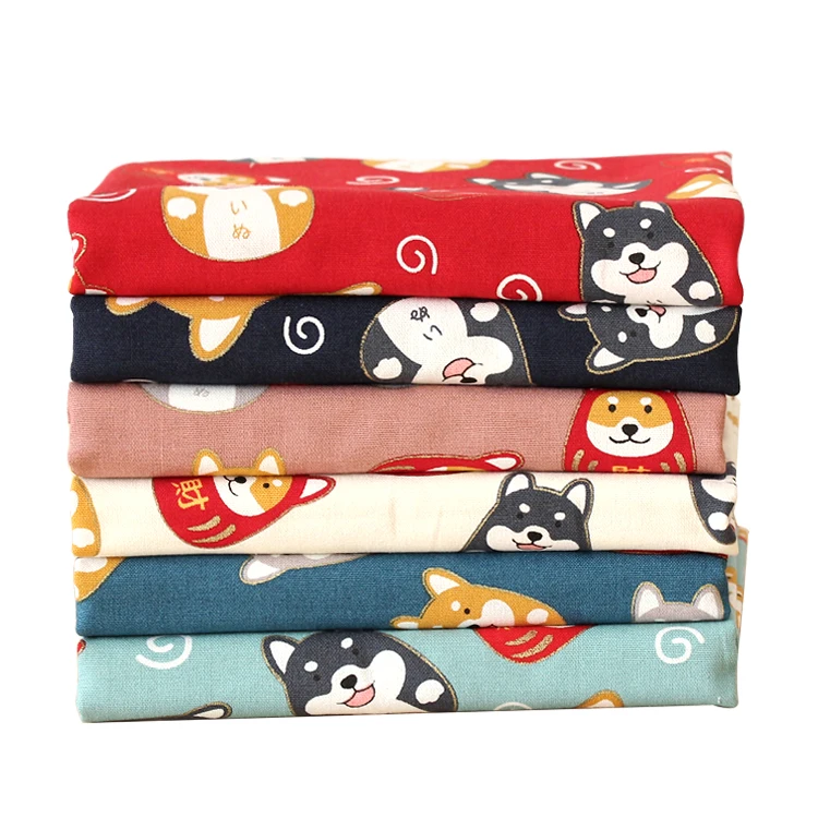 

Bundle of 6 Fat Quarters/Metallic Gold Japanese Shiba Inu Cotton Linen Fabric for General Sewing Projects