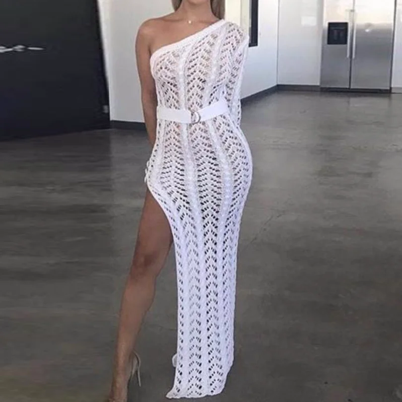 

2018 Sexy One Shoulder Irregular Neck Dress Female Knitted Hollow Out Party Rosegold/Silver/White Dress
