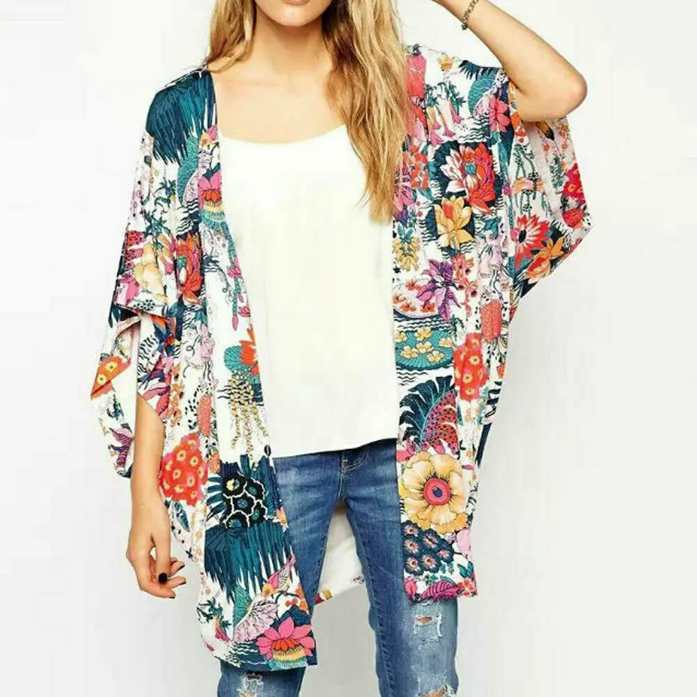 Women Floral Print Chiffon Loose Shawl Kimono Cardigan Top Cover up