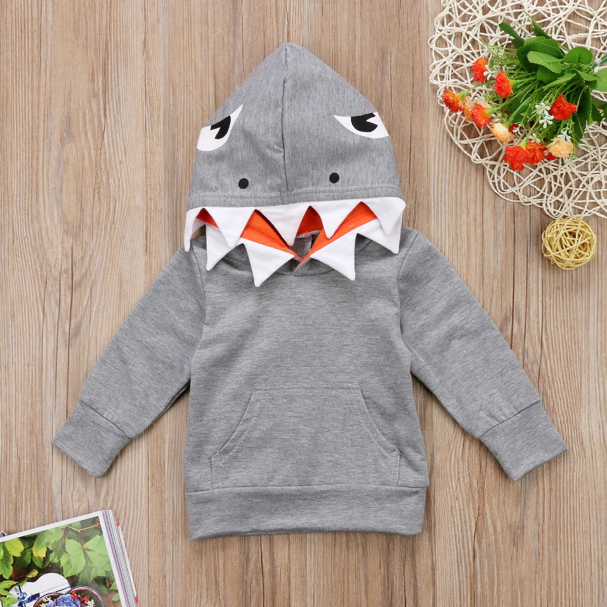 

1-6Y Toddler Kids Baby Boys Shark Hooded Long Sleeve Gray Tops Pocket Jacket Coat Outerwear Hoodies Sweatshirts Outfits Clothes