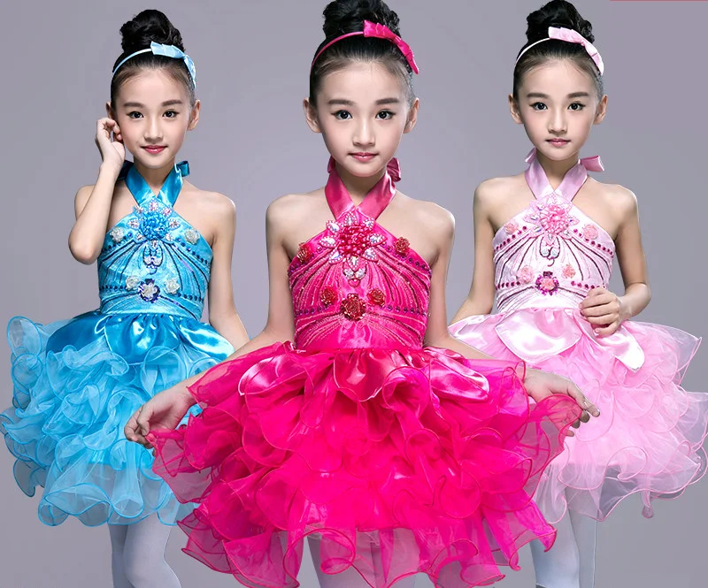 

Children Latin Grass Performance Clothing Pink Puffy Princess Dress Girls Jasmine Chorus Suit Modern Dance Ballet Dress