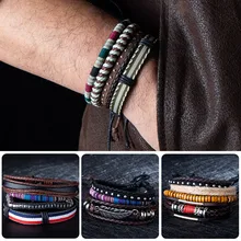 Винтажный Многослойный кожаный браслет с черепом и перьями, мужской очаровательный модный плетеный браслет ручной работы с заклепками, браслет в стиле панк, ювелирное изделие
