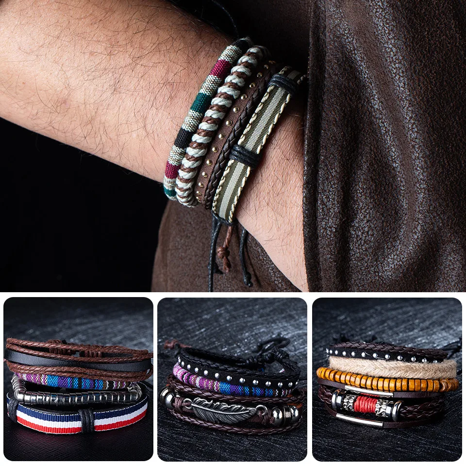 

Vintage Multilayer Leather Skull Feather Bracelet Men Charm Fashion Braided Handmade Rivet Rope Bangles Punk Bracelet jewelry