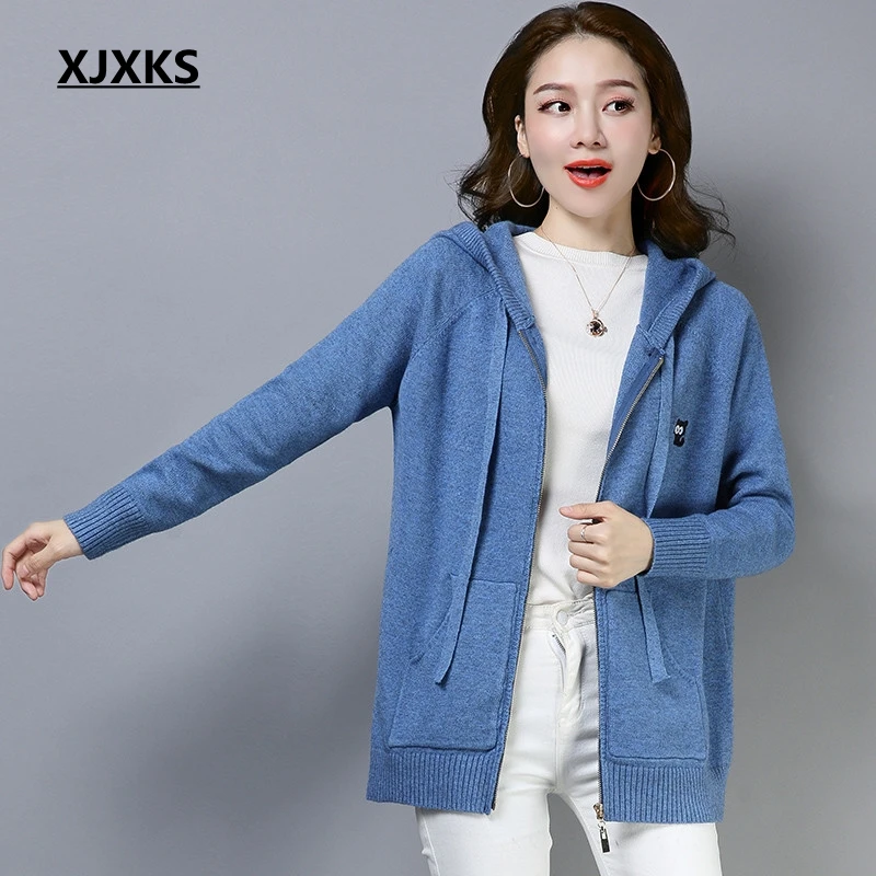 XJXKS, осенние свитера, мода, женский кардиган, джемпер с капюшоном, длинный рукав, шерсть, вязанный, уличная одежда, на молнии, женский свитер, пальто - Цвет: Синий