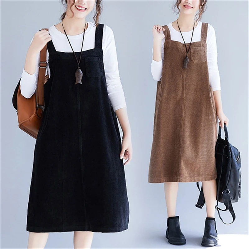 

Vintage Women Straps Dress 2019 Spring Autumn Loose Large size Casual Medium Long black Corduroy Dress ladies Back band Dresses