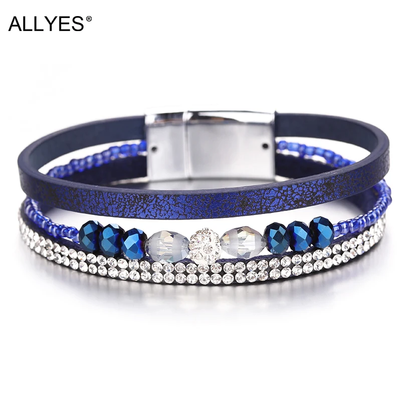 

ALLYES Multilayer Leather Bracelets for Women Femme Bracelets & Bangles Boho Shiny Crystal Beads Wrap Bracelet Female Jewelry