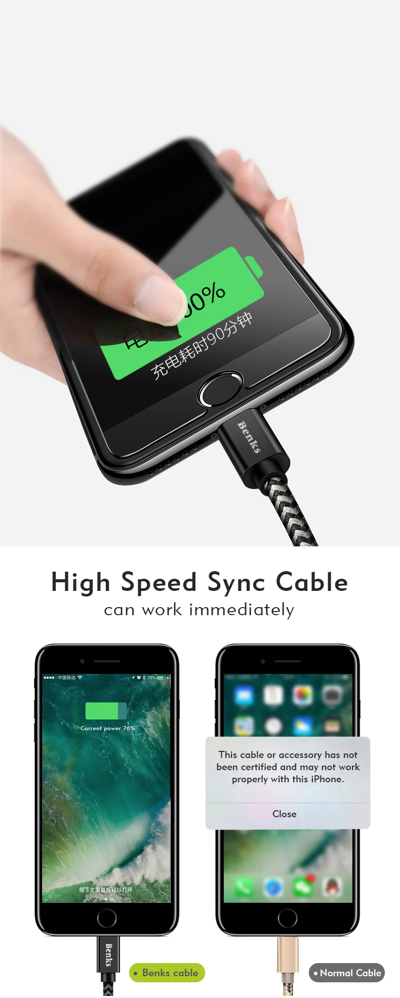 Benks Nylon 2.4A Fast Charge Cable 8 Pin For Apple iPhone X 10 8 7 6s Plus Ipad IOS 9 10 Lighting Charging Cables 0.251.21 (5)