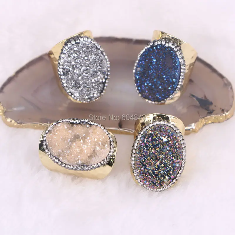 

5PCS Charm Oval Natural Titanium Band Ring Paved Zircon Quartz Stone Rings