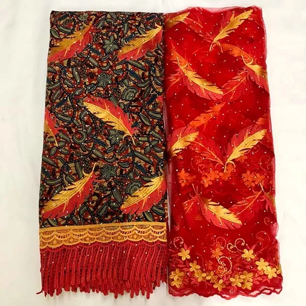 

New Fashion african wax lace prints fabric super wax hollandais with stones 6+2yards/lot 100% cotton Feather pattern wax lace