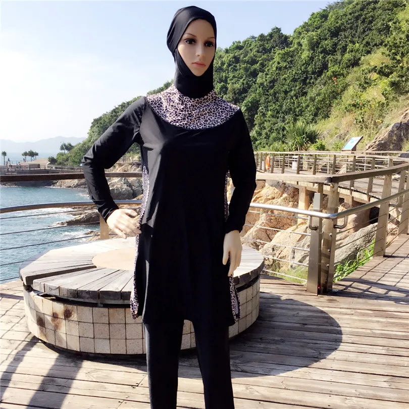 Sexy Leopard Islamic Swimsuit Black Full Cover Modest Islamic Hijab Swimwears For Muslim Girls