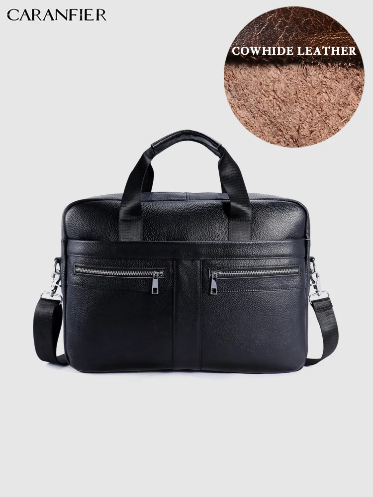 CARANFIER портфели мужские сумки для деловых поездок из натуральной воловьей кожи ноутбук Твердые молнии сумки на плече - Цвет: Черный